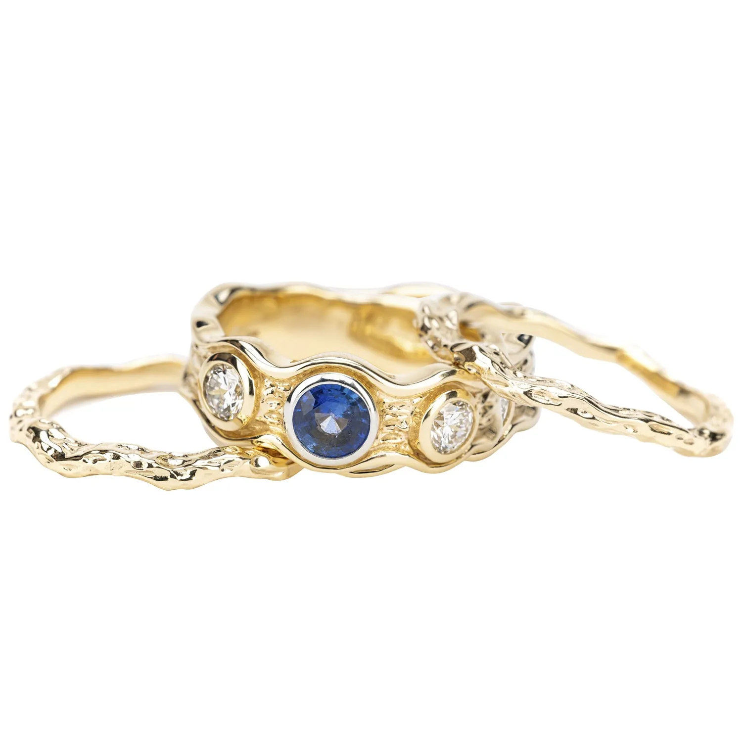 10k Gold Rocks n' Rivers Certified Lab Grown Diamond and Sapphire 3 Piece Ring