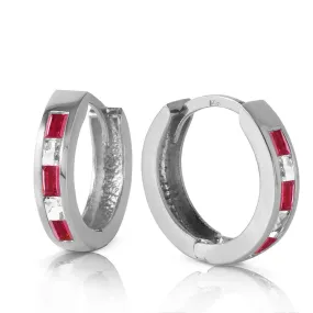 1.26 Carat 14K Solid White Gold Hoop Earrings Natural Ruby White Topaz