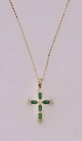 14K Emerald & Diamond Cross Necklace