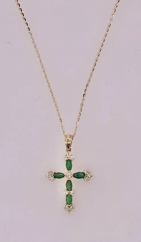 14K Emerald & Diamond Cross Necklace