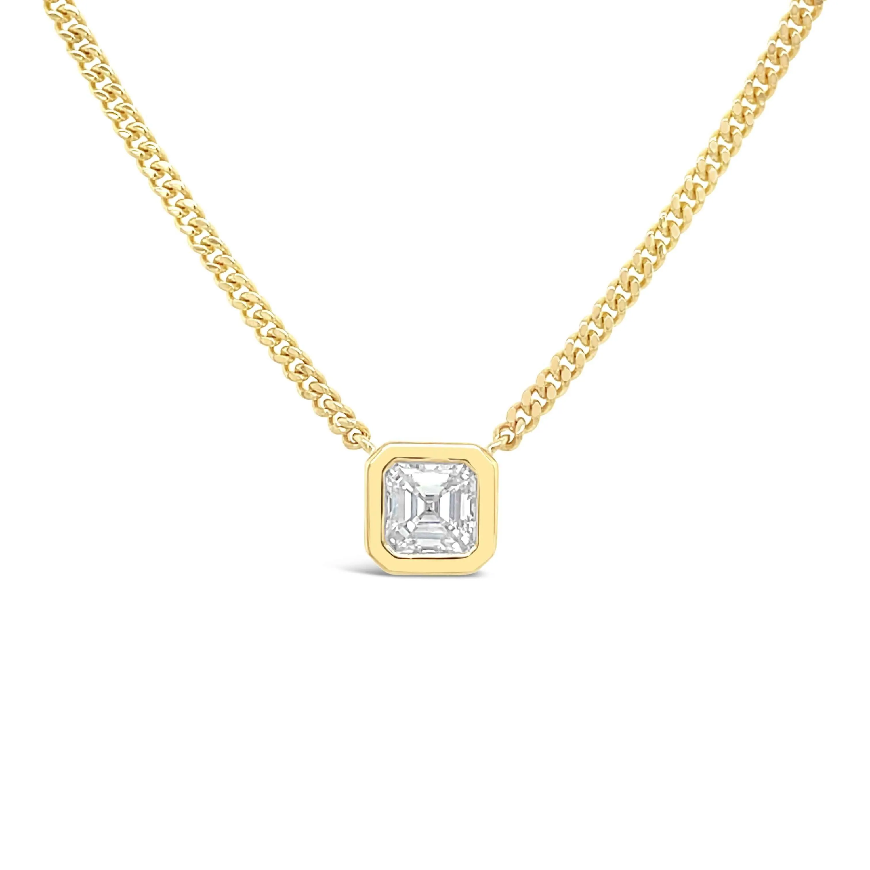 14K Gold Floating Bezel Asscher Cut Diamond Necklace