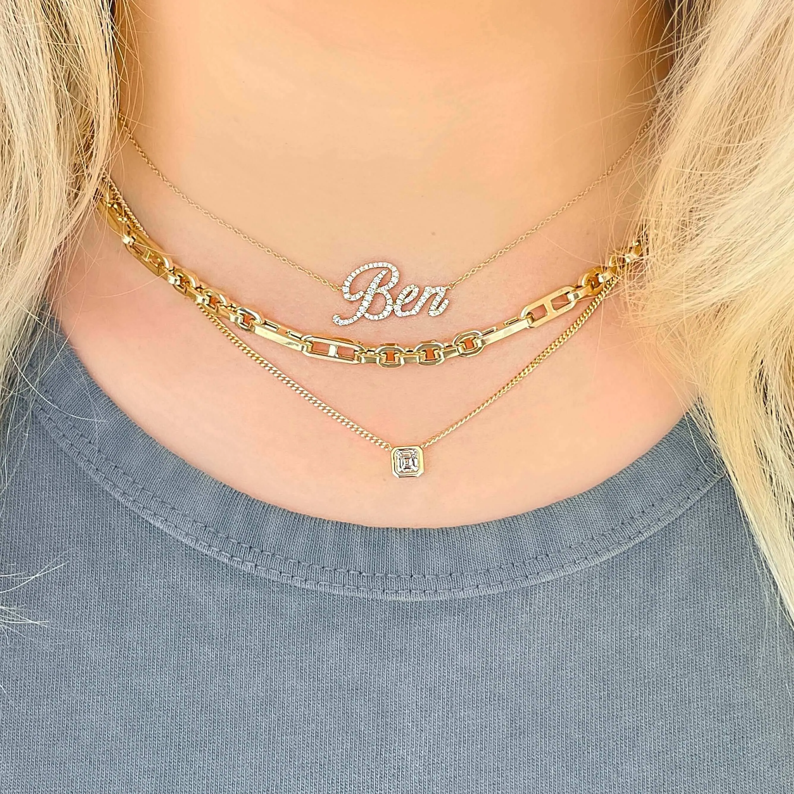 14K Gold Floating Bezel Asscher Cut Diamond Necklace
