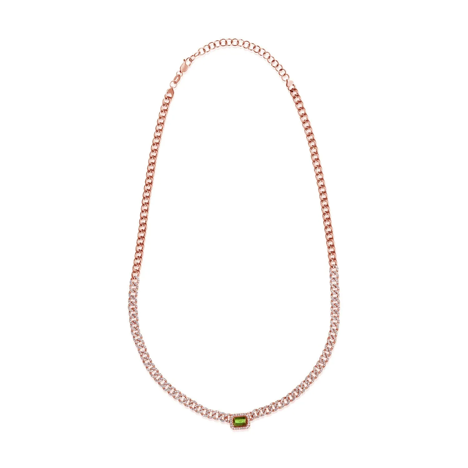 14k Gold Green Emerald & Diamond Curb Link Necklace