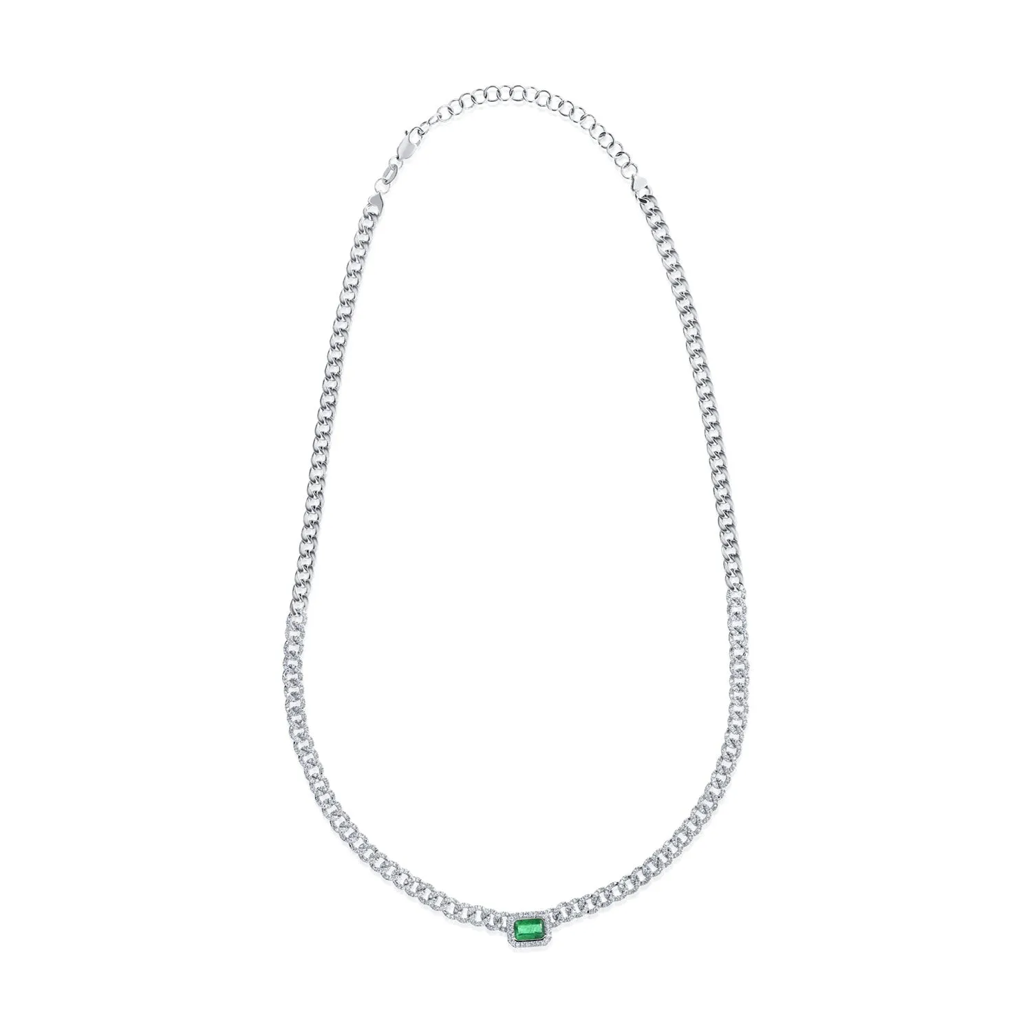14k Gold Green Emerald & Diamond Curb Link Necklace