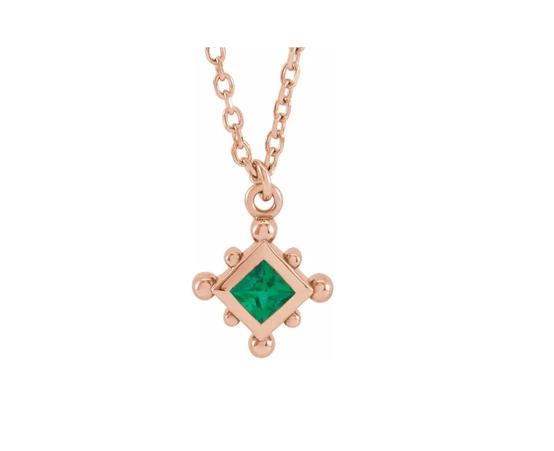 14K Gold Natural Emerald Bezel-Set Beaded Necklace