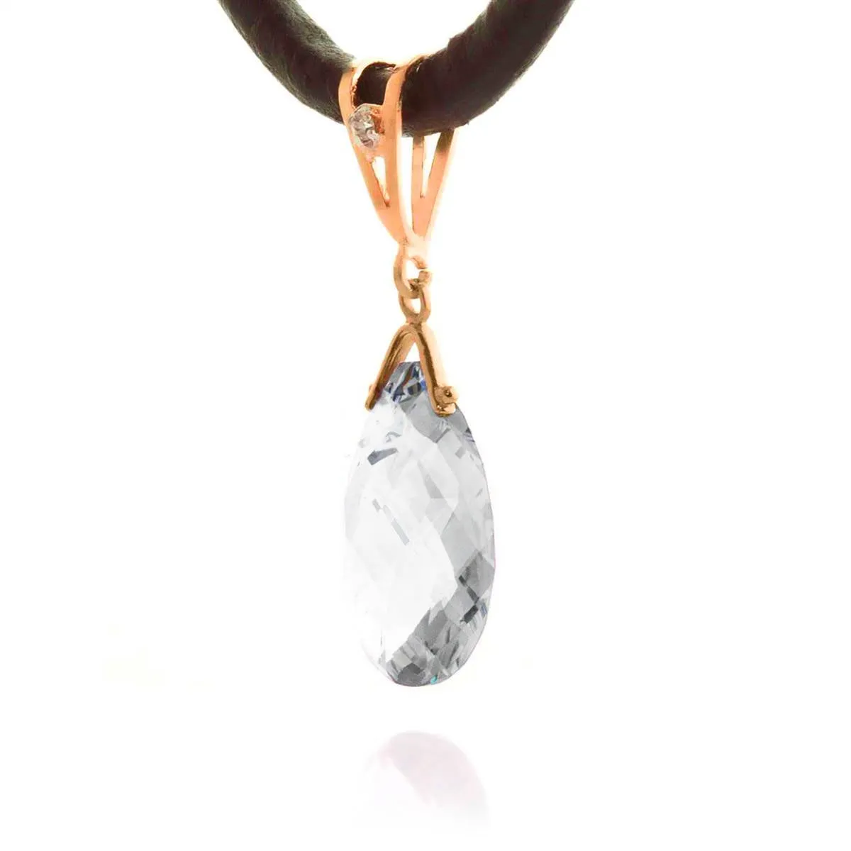14K Solid Rose Gold & Leather Diamond & Rose Topaz Round Cut Necklace