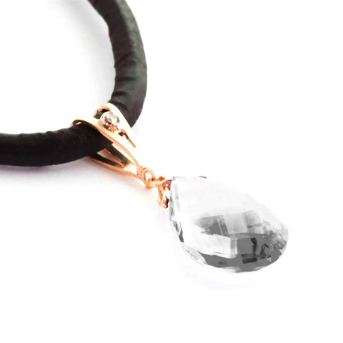 14K Solid Rose Gold & Leather Diamond & Rose Topaz Round Cut Necklace
