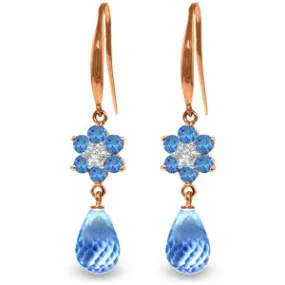 14K Solid Rose Gold Fish Hook Earrings w/ Diamond & Blue Topaz