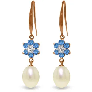 14K Solid Rose Gold Fish Hook Earrings w/ Diamonds, Blue Topaz & Pearl