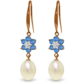14K Solid Rose Gold Fish Hook Earrings w/ Diamonds, Blue Topaz & Pearl