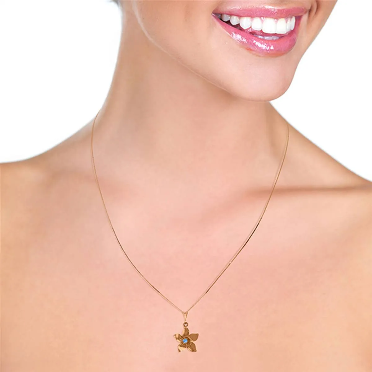 14K Solid Rose Gold Flower Necklace w/ Natural Blue Topaz