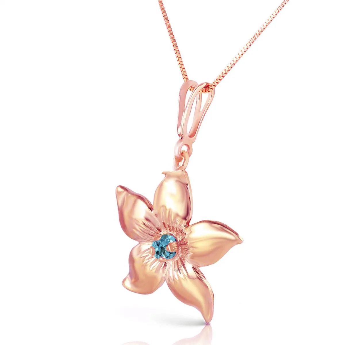 14K Solid Rose Gold Flower Necklace w/ Natural Blue Topaz