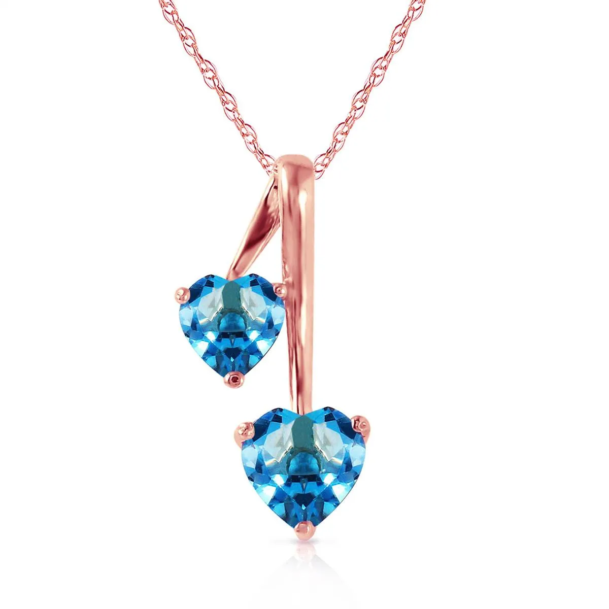14K Solid Rose Gold Hearts Necklace w/ Natural Blue Topaz