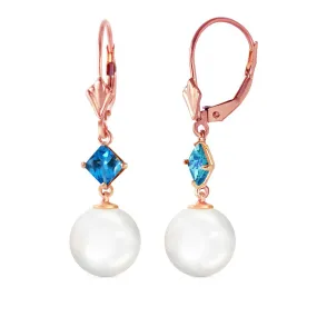 14K Solid Rose Gold Leverback Earrings Blue Topaz & Pearl