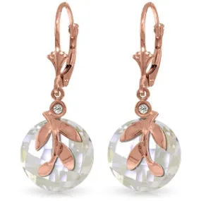 14K Solid Rose Gold Leverback Earrings w/ Rose Topaz & Diamonds