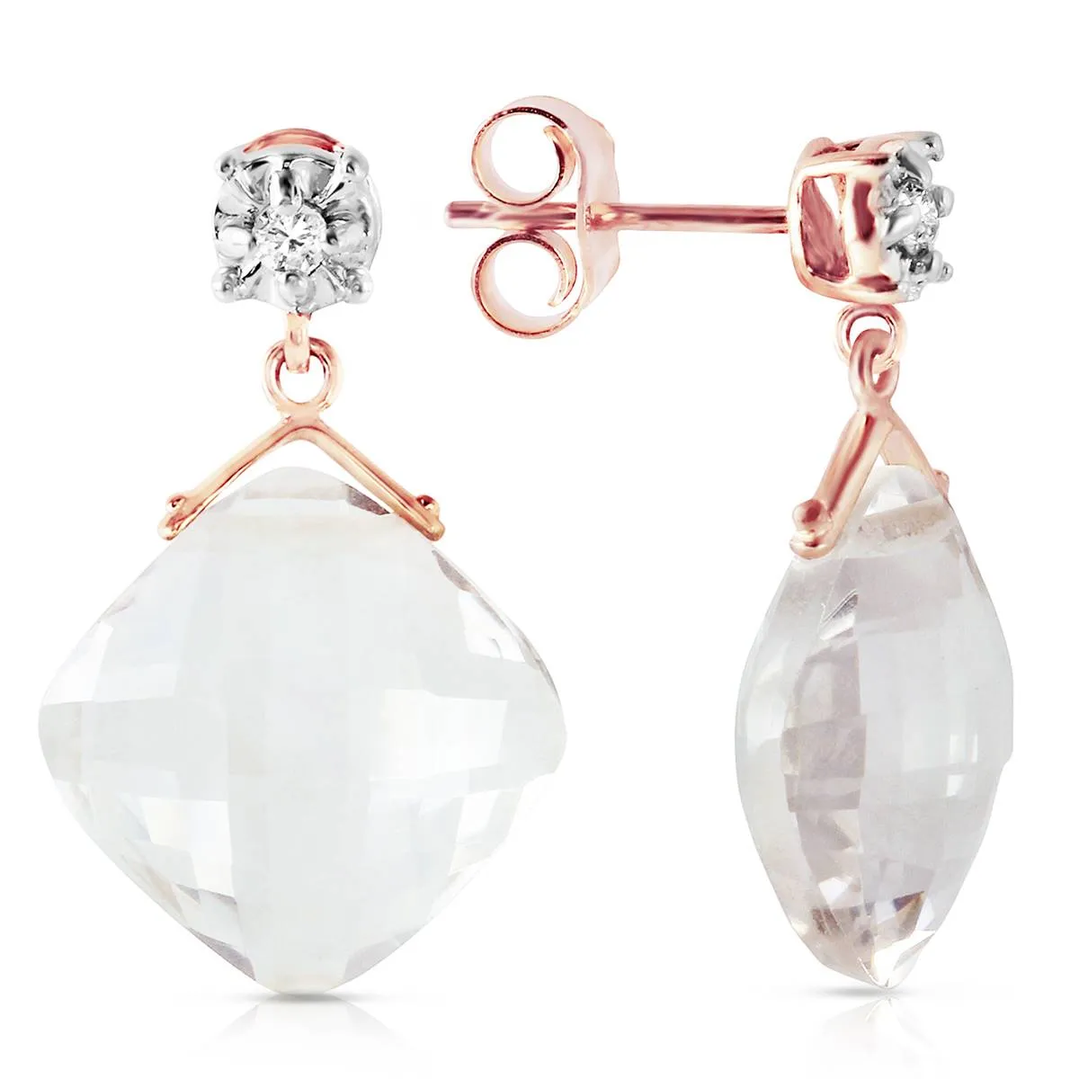 14K Solid Rose Gold Stud Earrings Diamond & Rose Topaz Certified