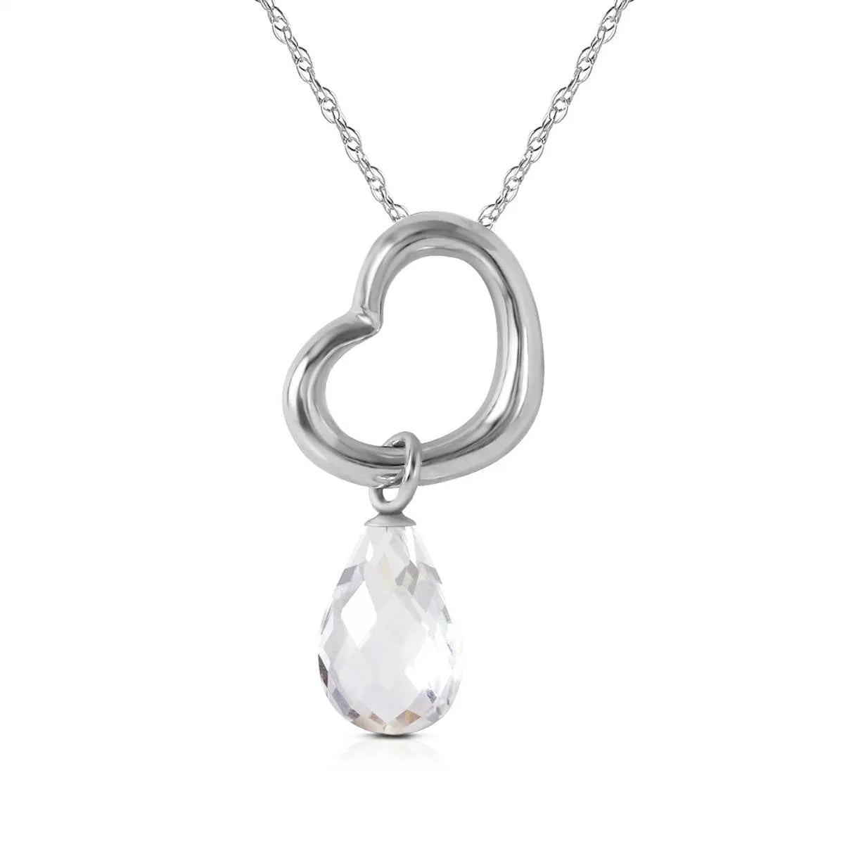 14K Solid White Gold Heart Necklace w/ Dangling Natural White Topaz