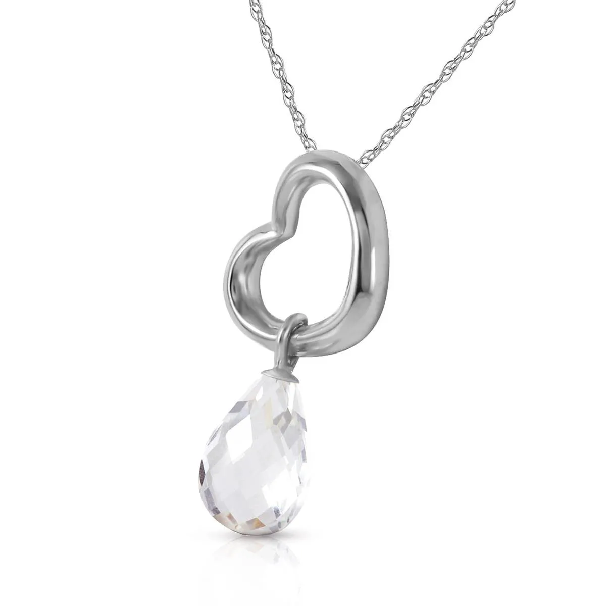 14K Solid White Gold Heart Necklace w/ Dangling Natural White Topaz
