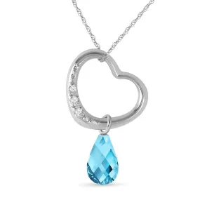 14K Solid White Gold Heart Necklace w/ Natural Diamond & Blue Topaz