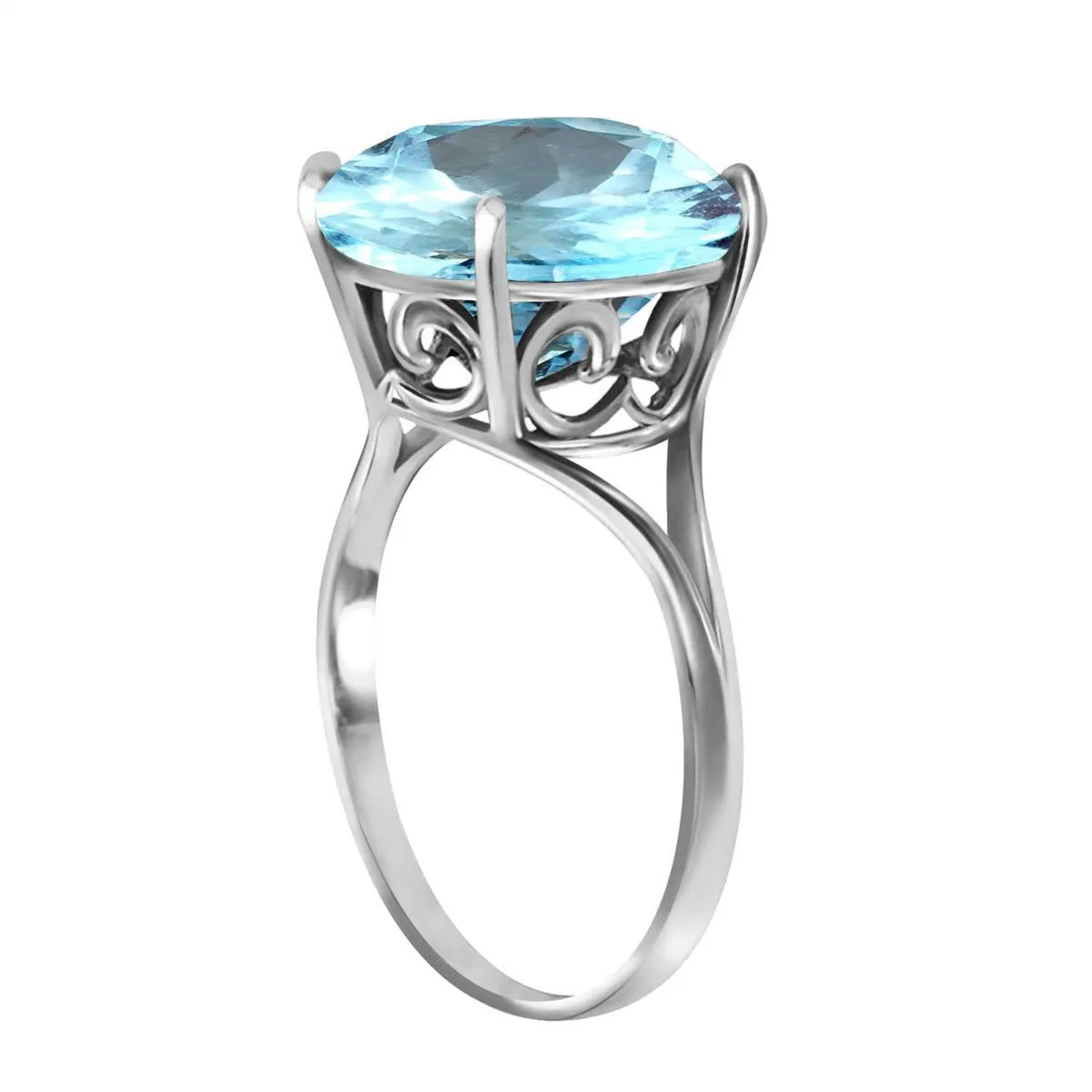 14K Solid White Gold Ring Natural 12 mm Round Blue Topaz Gemstone