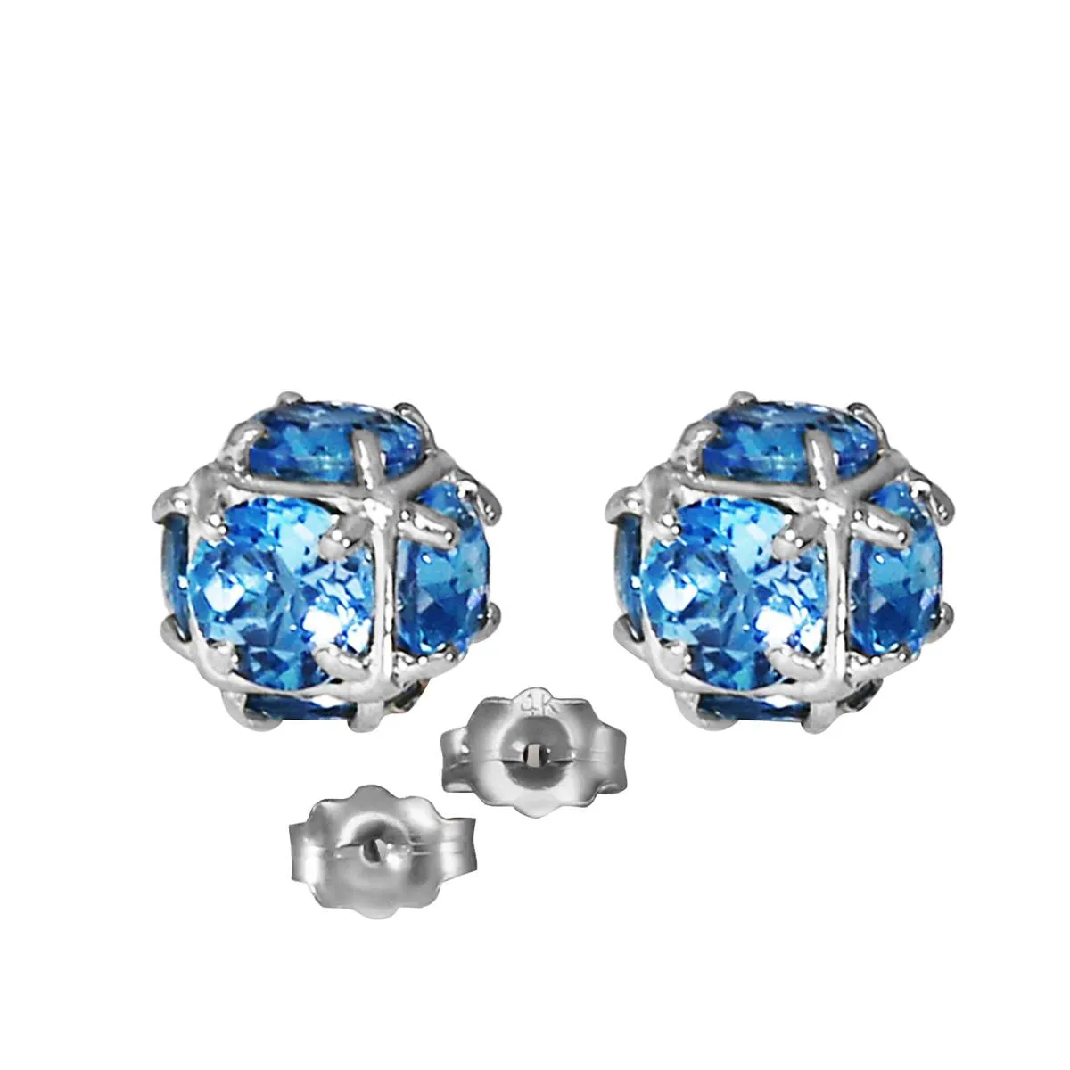 14K Solid White Gold Stud Earrings w/ Natural Blue Topaz