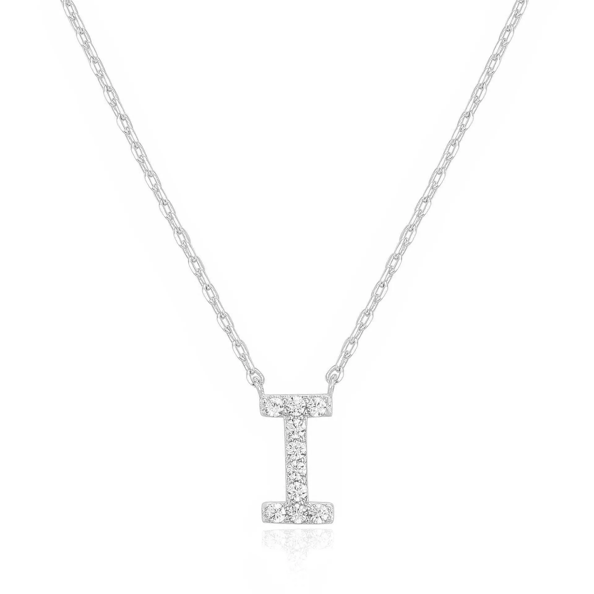 14k White Gold Created Diamond Initial I Letter Pendant Necklace Plated
