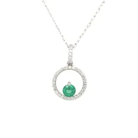 14K White Gold Diamond and Emerald Circle Necklace
