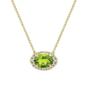 14K Yellow Gold Diamond Oval Halo   Peridot Necklace