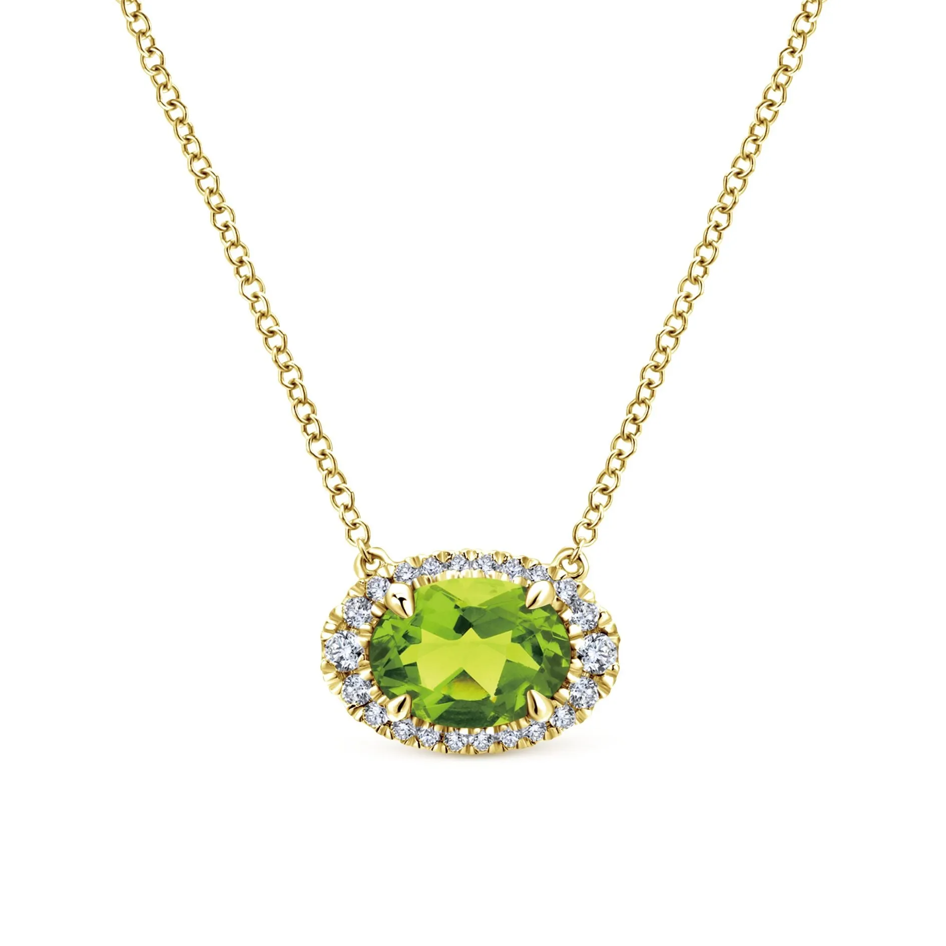 14K Yellow Gold Diamond Oval Halo   Peridot Necklace