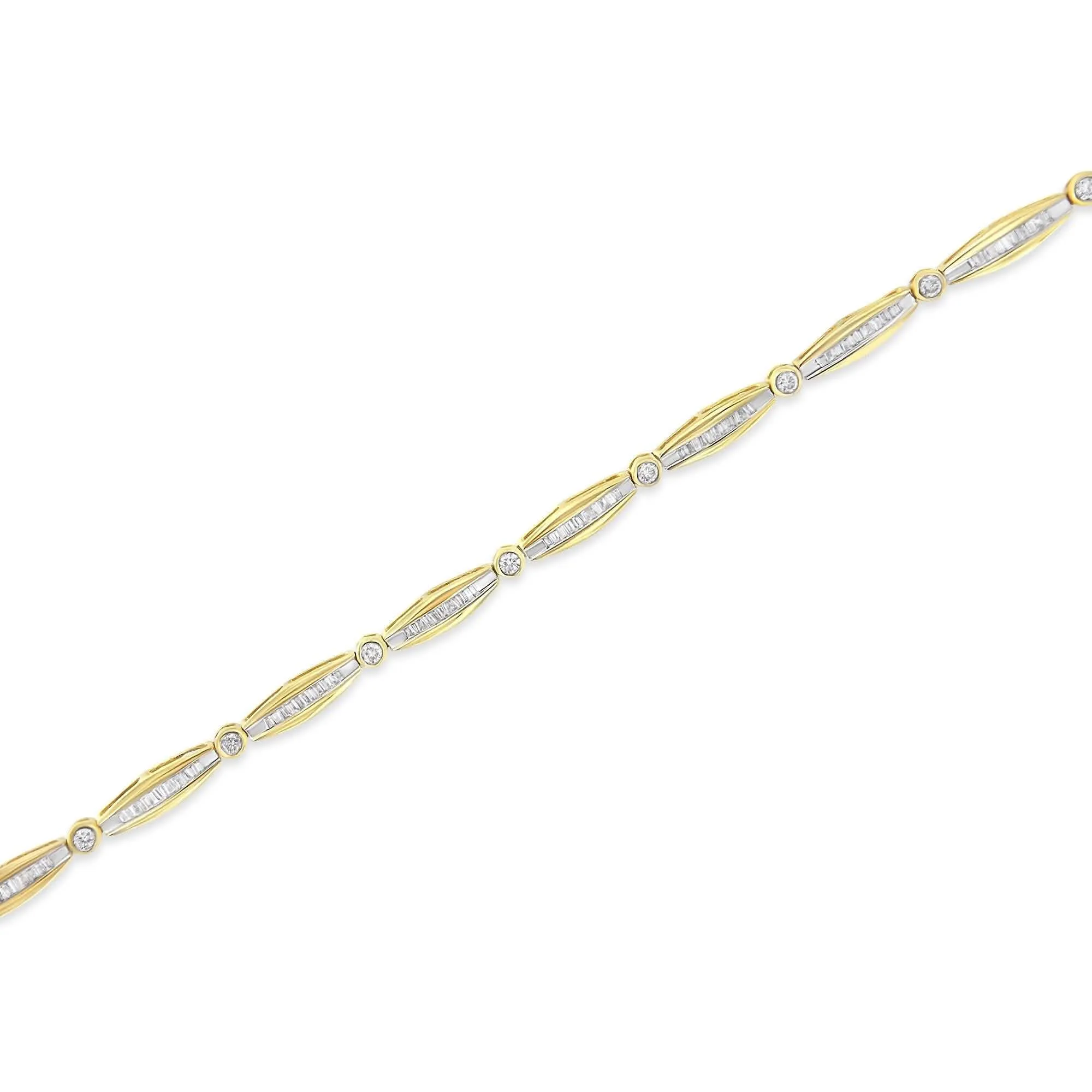 14K Yellow Gold Diamond Tennis Bracelet with Round and Baguette Cut Stones - 1.5 Carat Total Weight