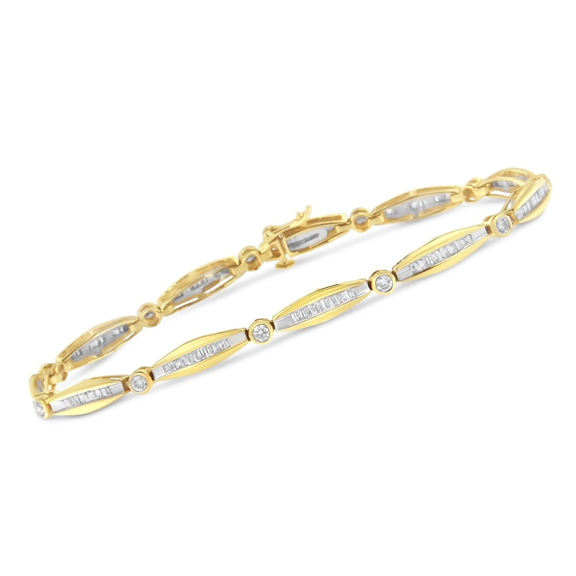 14K Yellow Gold Diamond Tennis Bracelet with Round and Baguette Cut Stones - 1.5 Carat Total Weight