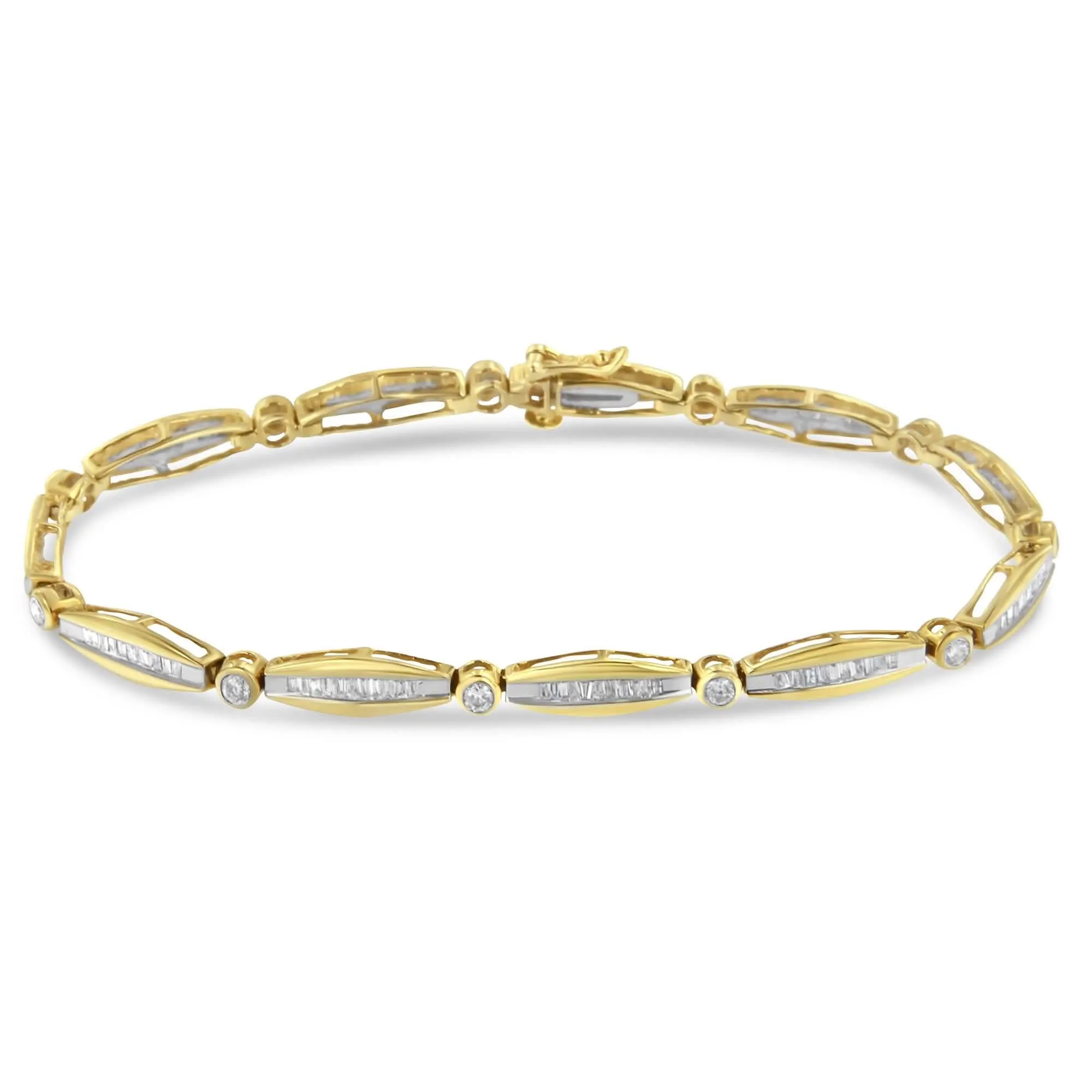 14K Yellow Gold Diamond Tennis Bracelet with Round and Baguette Cut Stones - 1.5 Carat Total Weight