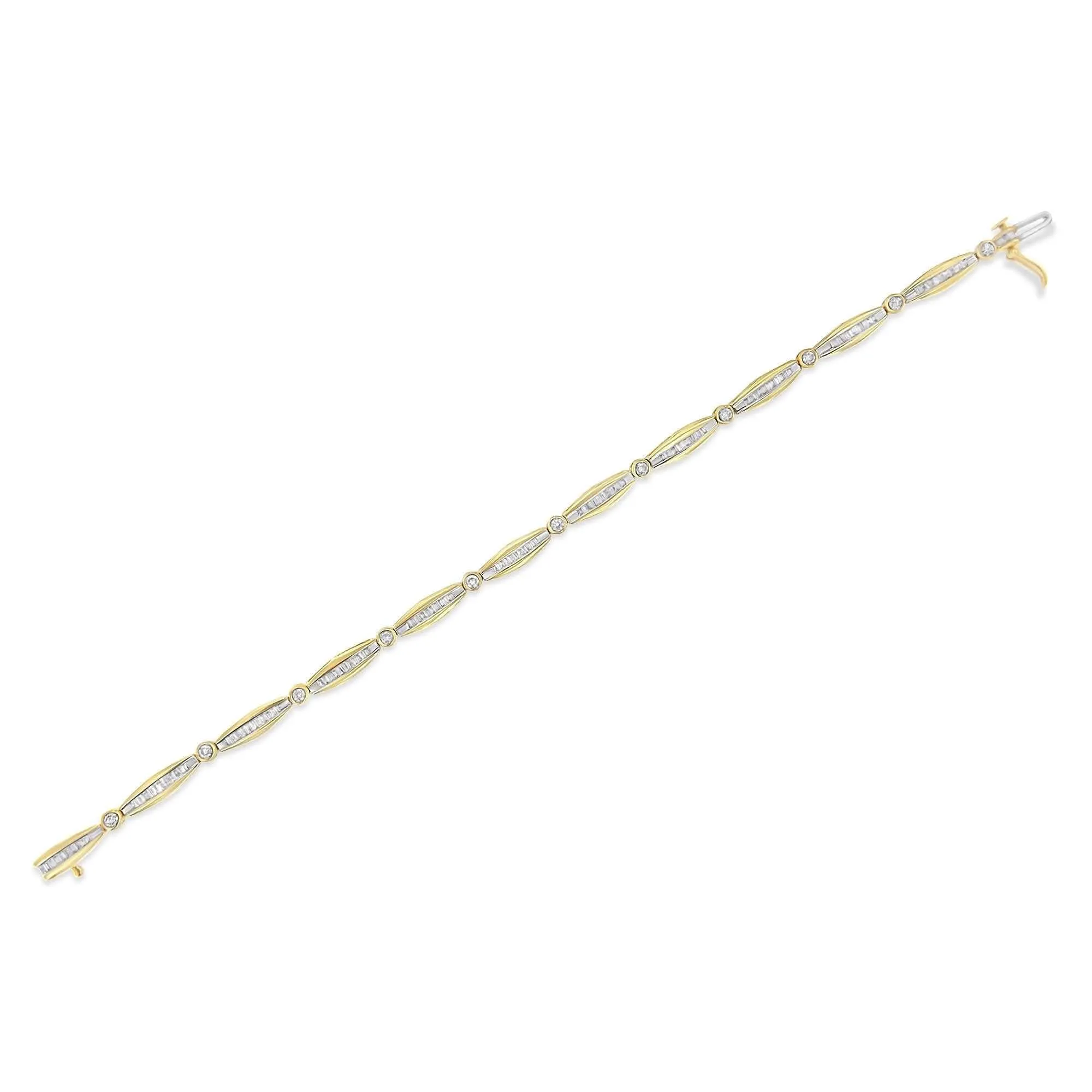 14K Yellow Gold Diamond Tennis Bracelet with Round and Baguette Cut Stones - 1.5 Carat Total Weight