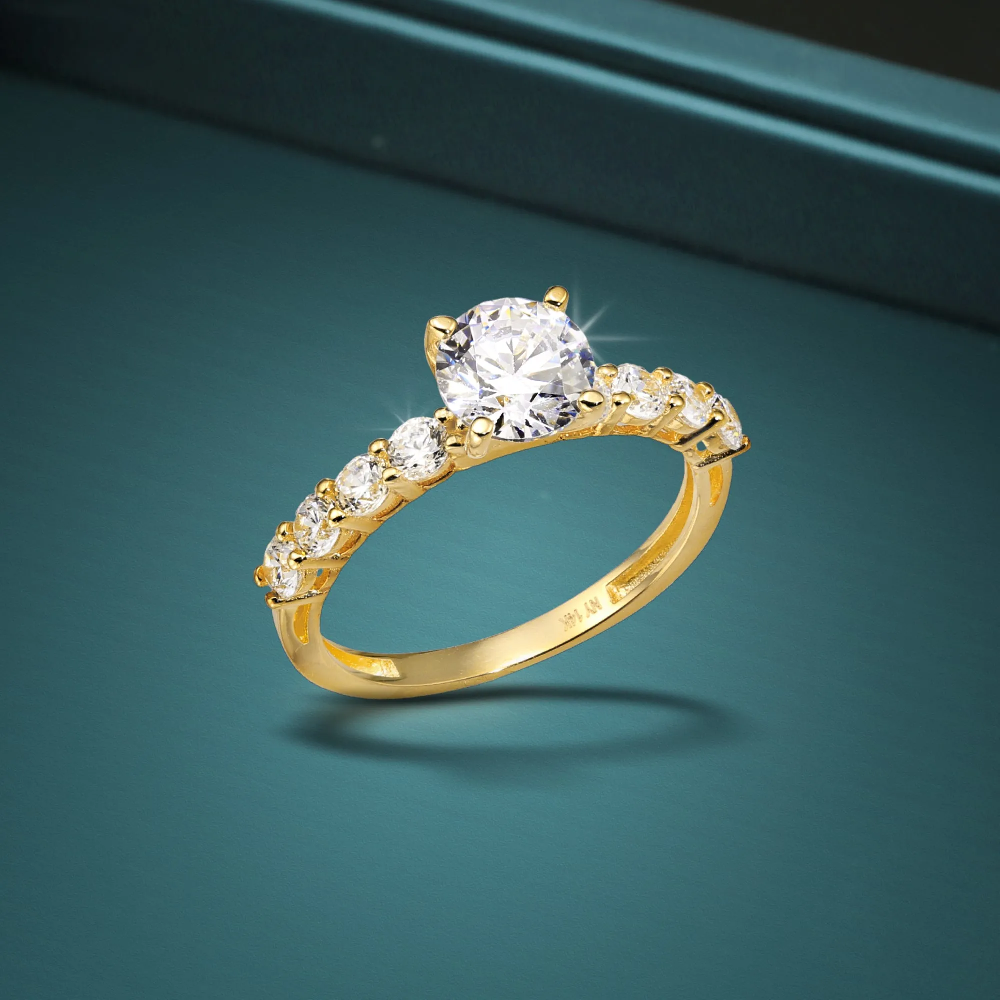 14K Yellow Gold Solitaire Round Brilliant 1 Carat Engagement Ring With Side Stones, #42678