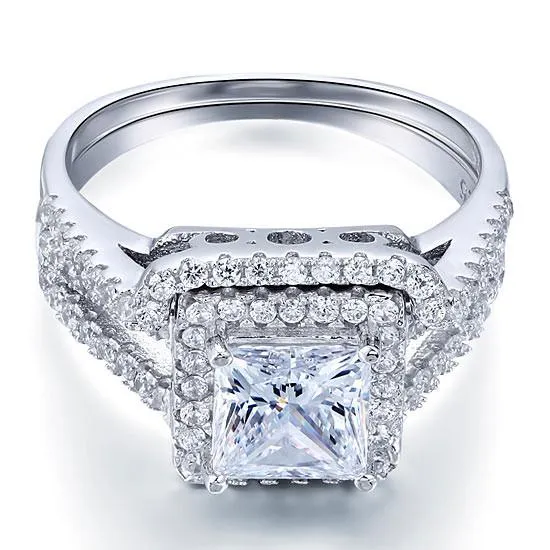 1.5 Carat Princess Simulated Diamond 925 Sterling Silver Wedding Promise Engagement Ring Set