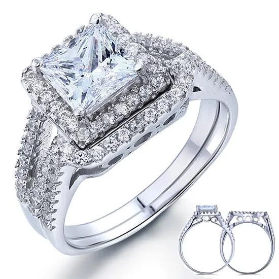 1.5 Carat Princess Simulated Diamond 925 Sterling Silver Wedding Promise Engagement Ring Set