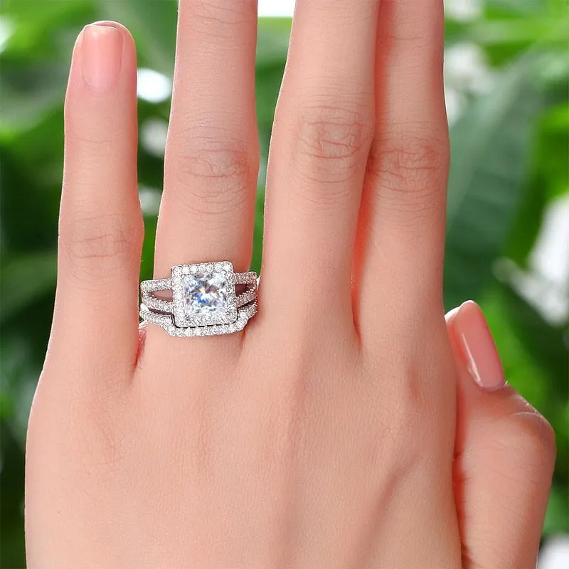 1.5 Carat Princess Simulated Diamond 925 Sterling Silver Wedding Promise Engagement Ring Set