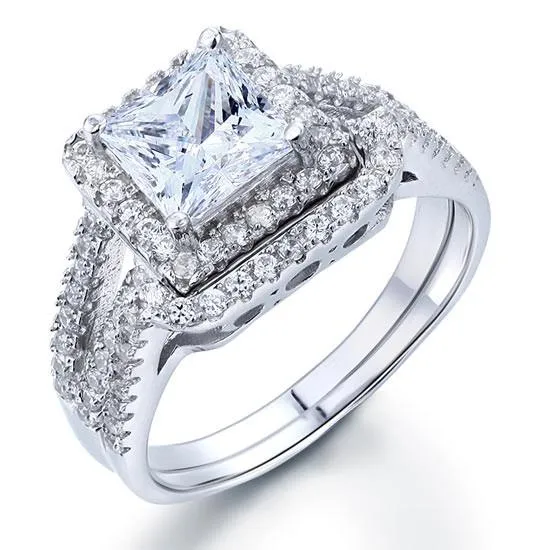 1.5 Carat Princess Simulated Diamond 925 Sterling Silver Wedding Promise Engagement Ring Set