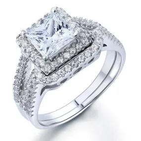 1.5 Carat Princess Simulated Diamond 925 Sterling Silver Wedding Promise Engagement Ring Set