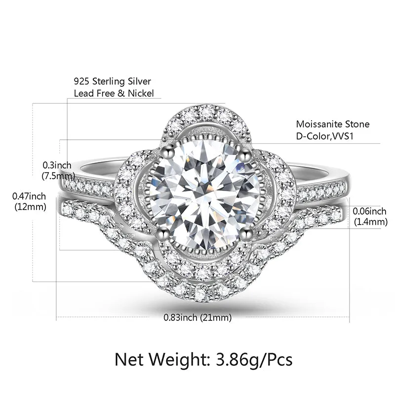 1.5 Carat Round Cut Moissanite Engagement Ring Set, 18K White Gold over Silver Wedding Rings for Women-Size (6-9)