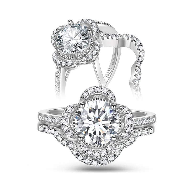 1.5 Carat Round Cut Moissanite Engagement Ring Set, 18K White Gold over Silver Wedding Rings for Women-Size (6-9)