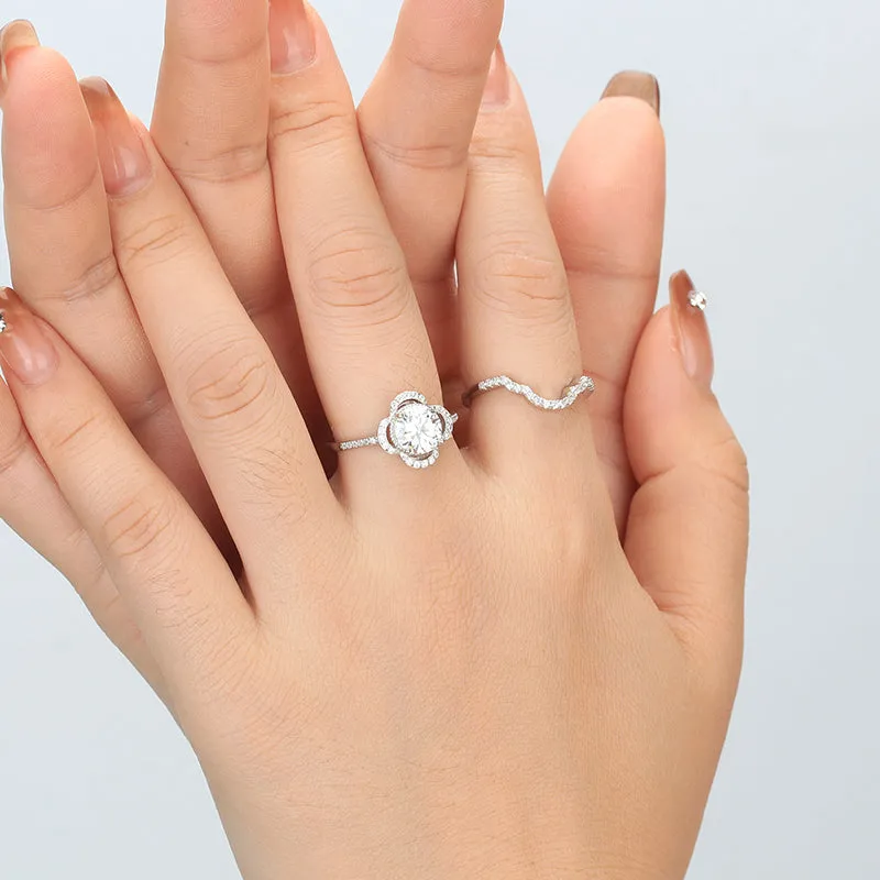 1.5 Carat Round Cut Moissanite Engagement Ring Set, 18K White Gold over Silver Wedding Rings for Women-Size (6-9)