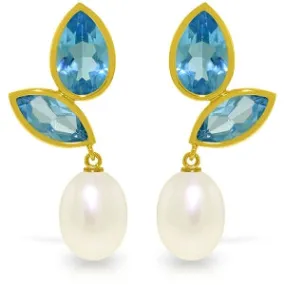 16 Carat 14K Solid Yellow Gold Chandelier Earrings Pearl Blue Topaz