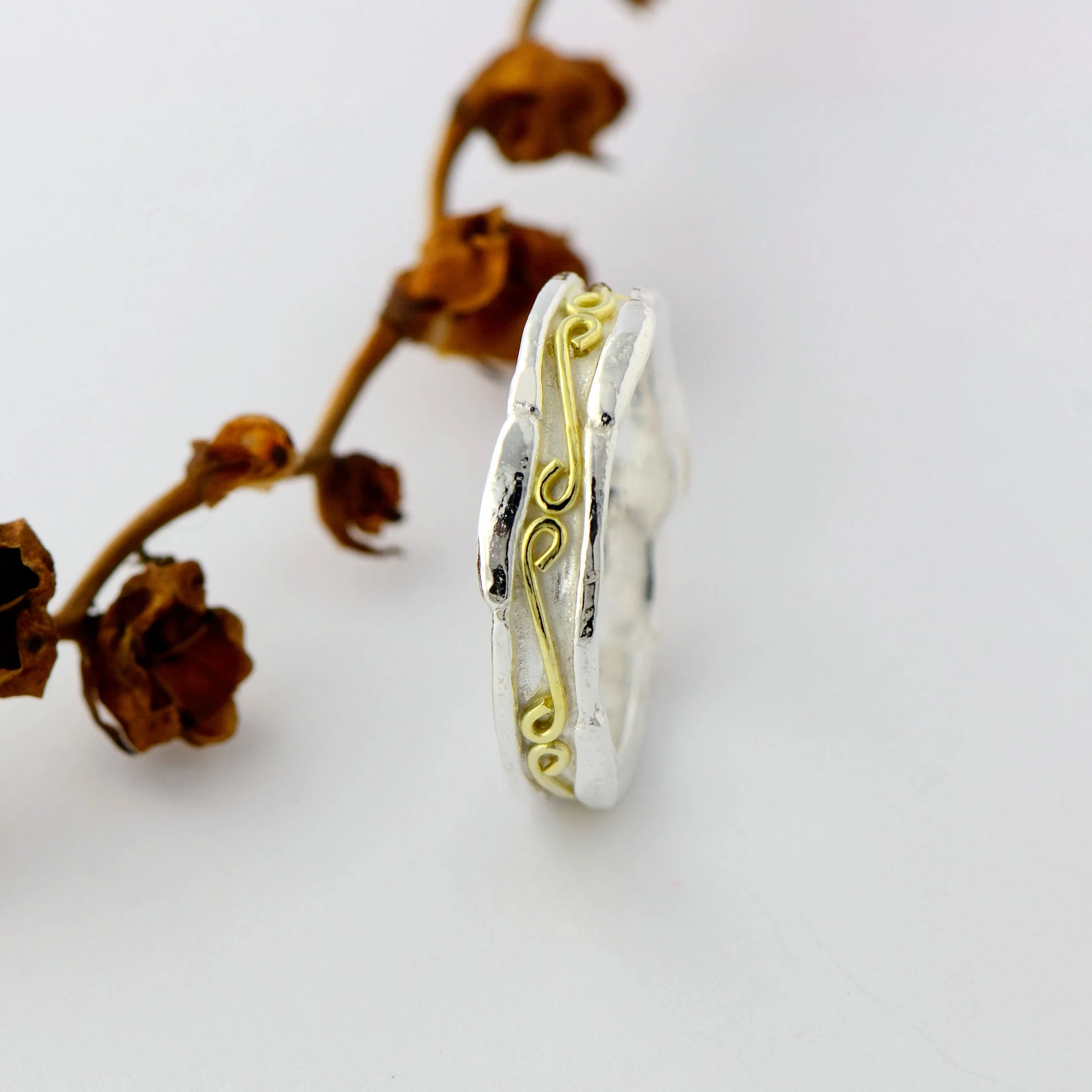 18ct gold and silver unique textured ring band ornamented with infinity symbols, 5 mm wide, unisex