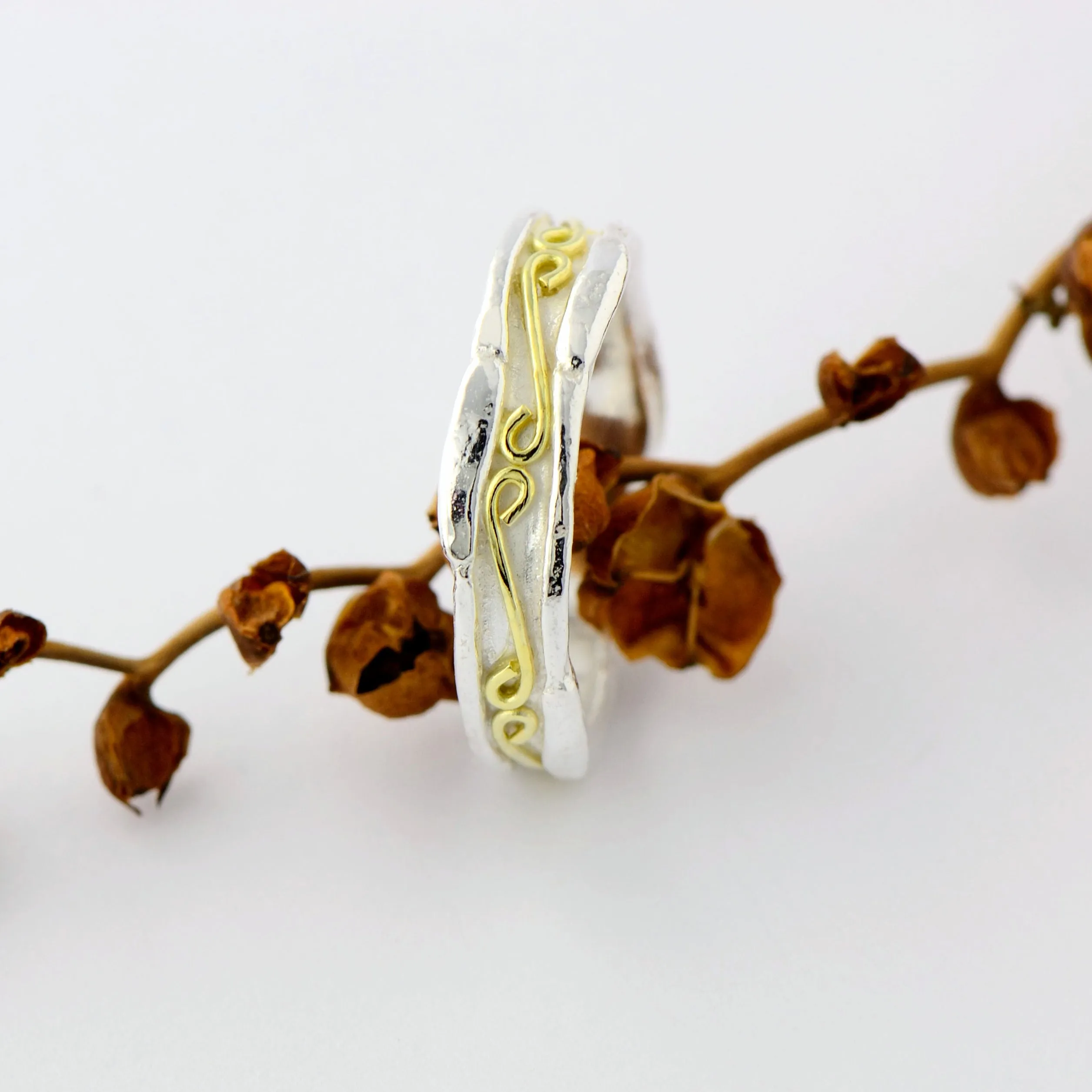 18ct gold and silver unique textured ring band ornamented with infinity symbols, 5 mm wide, unisex