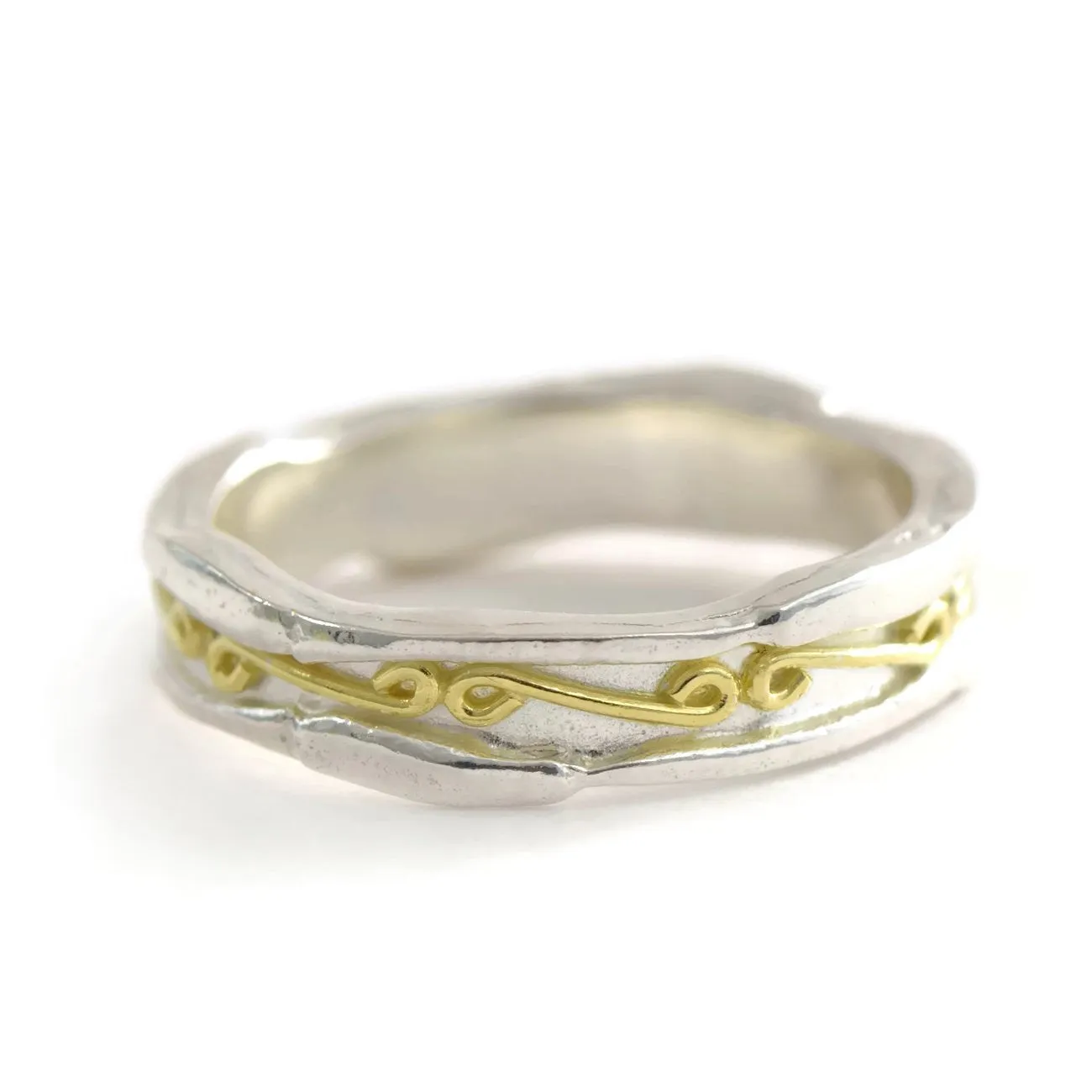18ct gold and silver unique textured ring band ornamented with infinity symbols, 5 mm wide, unisex