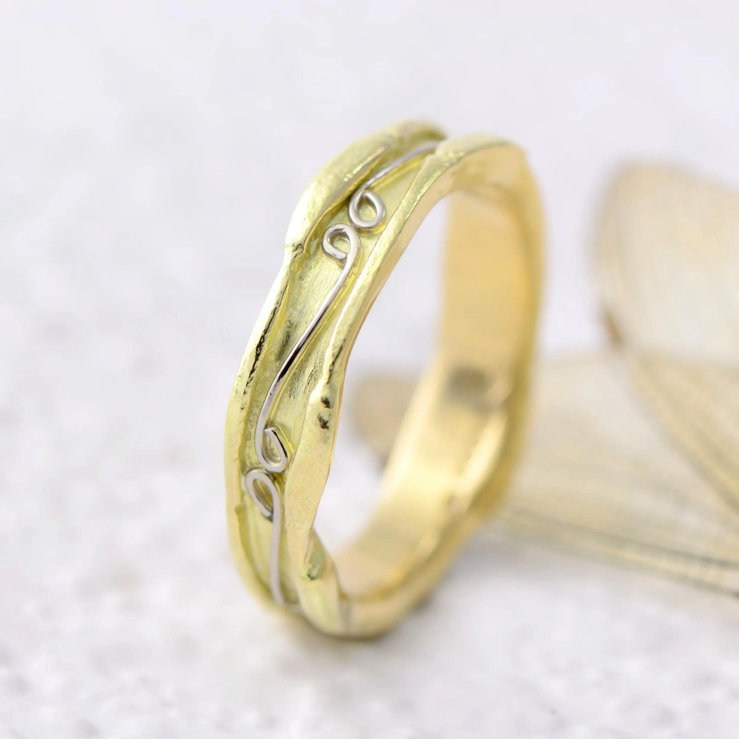 18ct gold and silver unique textured ring band ornamented with infinity symbols, 5 mm wide, unisex