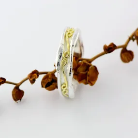 18ct gold and silver unique textured ring band ornamented with infinity symbols, 5 mm wide, unisex