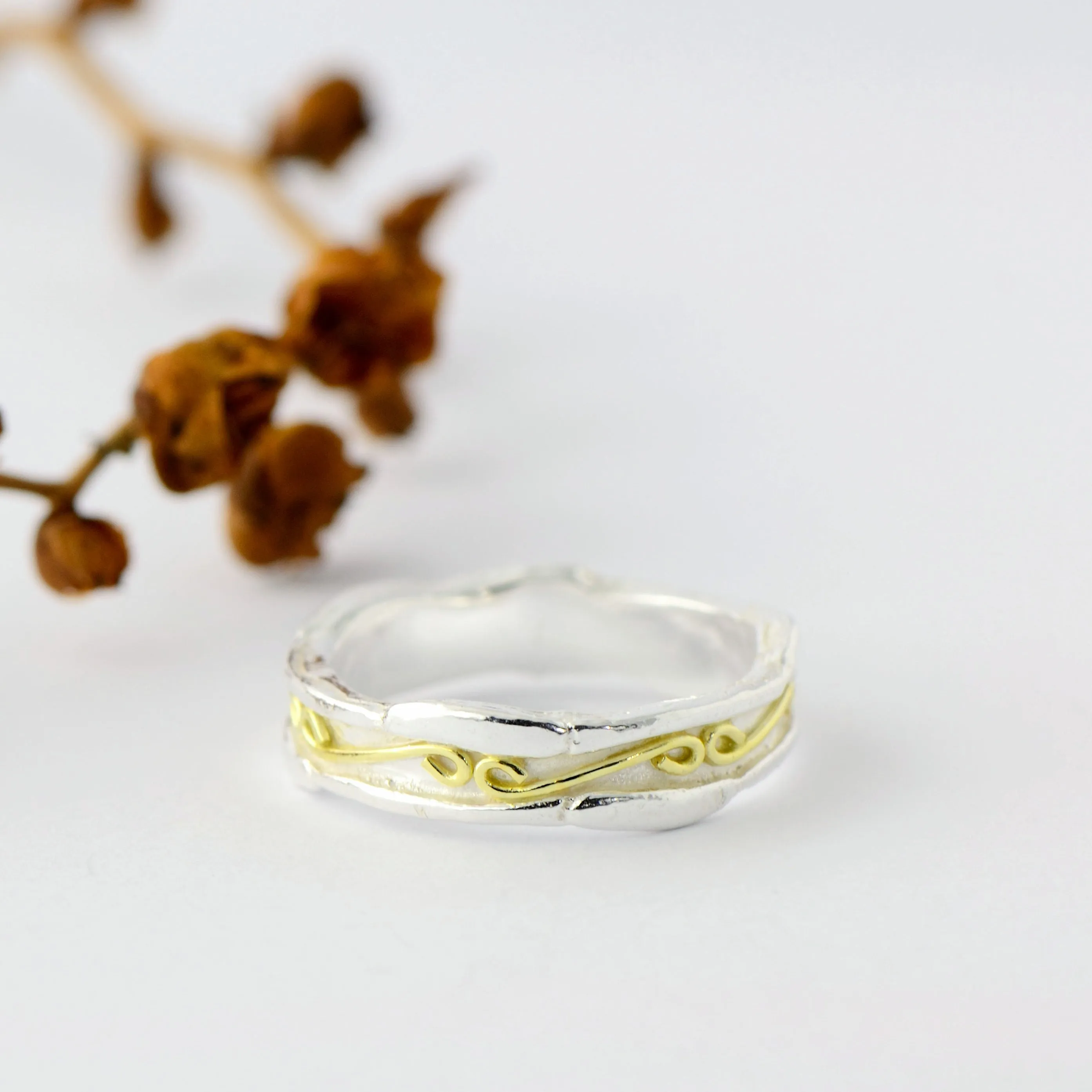 18ct gold and silver unique textured ring band ornamented with infinity symbols, 5 mm wide, unisex