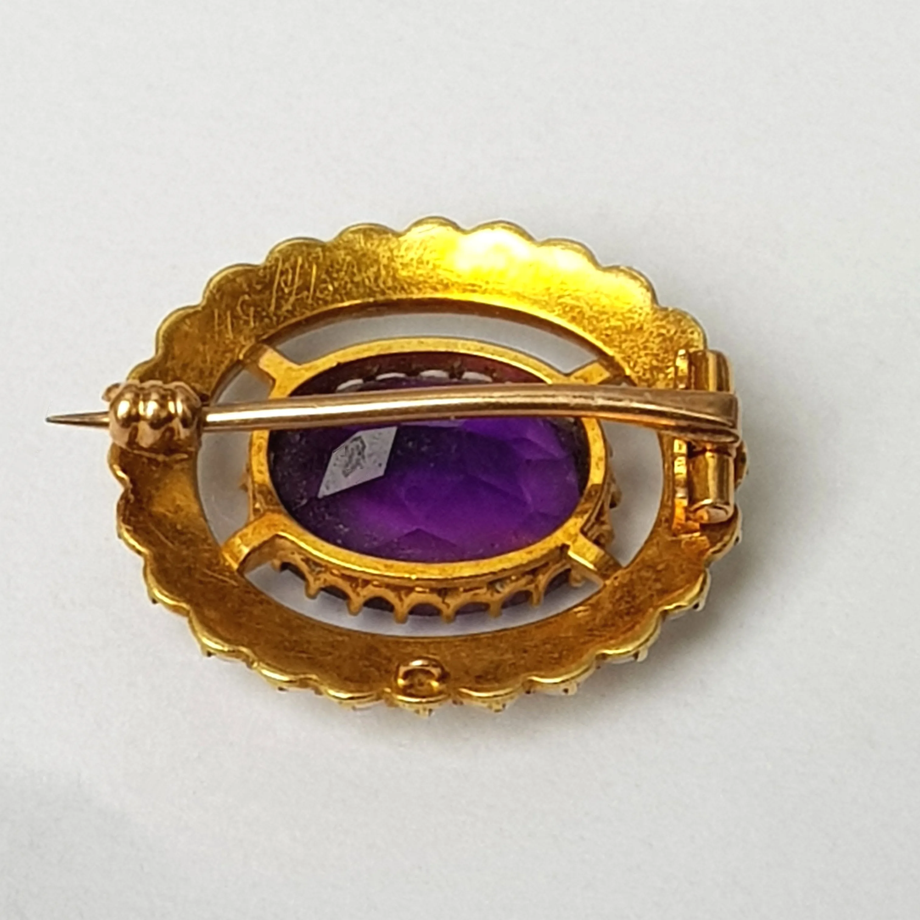 18k Gold Amethyst Seed Pearl Lace Pin Brooch Antique Edwardian circa 1905